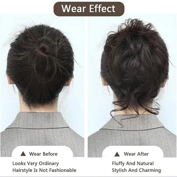 Hårknut med klämma, hårknut, lockig hårscrunchie med hår, chignon voluminös hårknut, rörig knut förlängning Mörkbrun