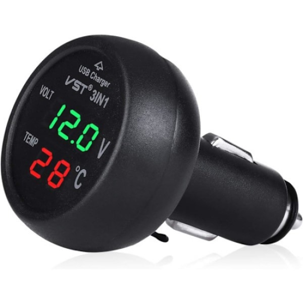 PC 12-24V billaderuttak med USB-port/voltmeter/termometer for