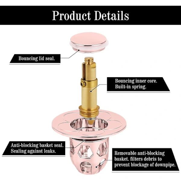 2 delar universal diskbänkspropp (roséguld), pop-up bottenventil anti