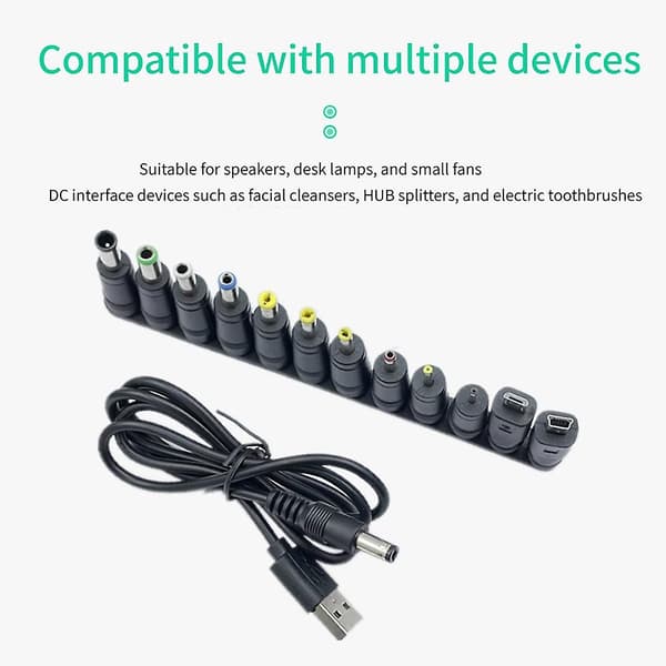 5V USB-DC5521-virtajohto tukee latausta, sisältää 12 liitäntäkärkeä