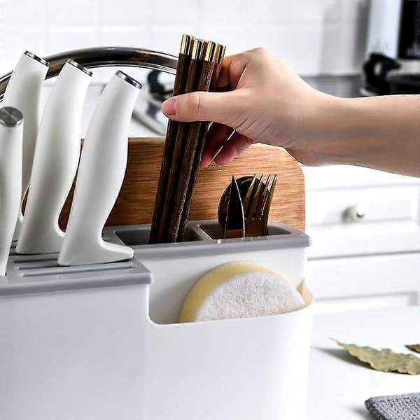 Multifunktionell knivblock och skärbräda förvaringsställ, köksorganisatör i plast, svart