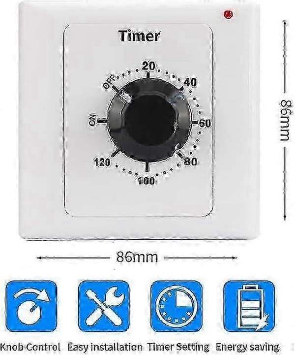 120 minutter tidsbryter, AC 220V 15A intelligent mekanisk nedtellingstimer stikkontakt tidsbryter 86 panel timer kontrollknapp