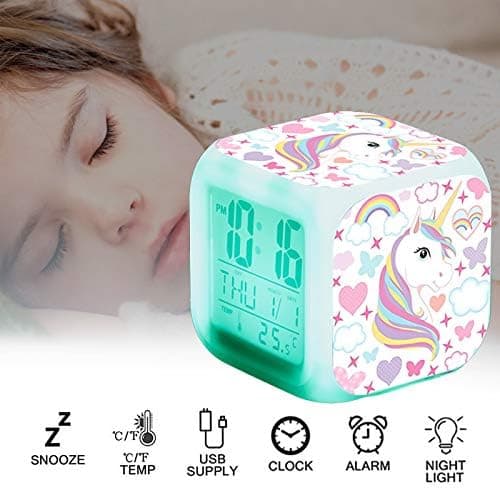 Enhörning flickor digital väckarklocka, ljus LCD LED-kub med ljus