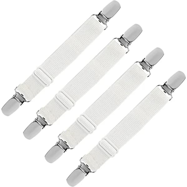 Elastisk lakanfäste, justerbart fäste för lakan, soffa, strykbrädsöverdrag (vit, 4-pack)