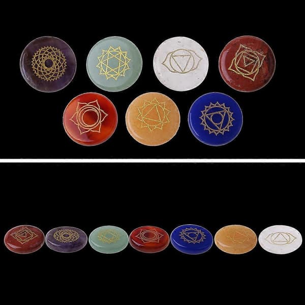7 stk. Chakra Sten Reiki Helbredende Krystal Indgraverede Chakra Symboler Balance Sten