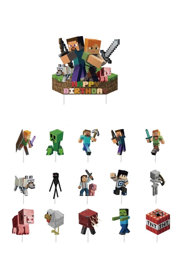 16 stk. Nye Minecraft Bursdagskake Cupcake Topper Festtilbehør Bursdagsdekorasjoner