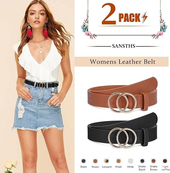 2-pack Damläderbälten Konstläder Jeansbälte med Dubbel, ZQKLA