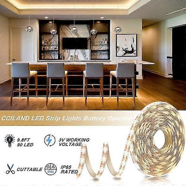 3m Batteridrevne LED-lys med fjernkontroll, 90 LED-lys Vanntett, 8 Moduser, Dimbar, Timer, Selvklebende, Kuttbar (Varmhvit)