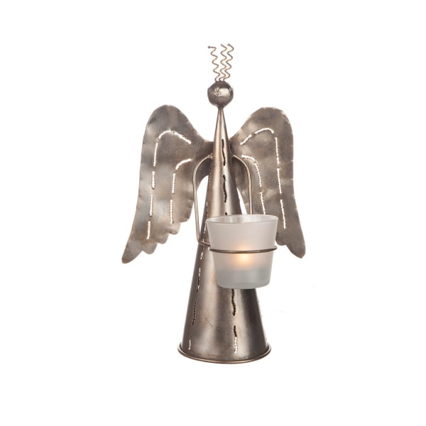 Engel med lanterne hamret metalplade 30cm Antique brass