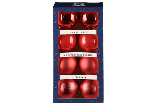 Julgranskulor 8 cm – 8-pack röda | Återvunnen plast | Winteria Red