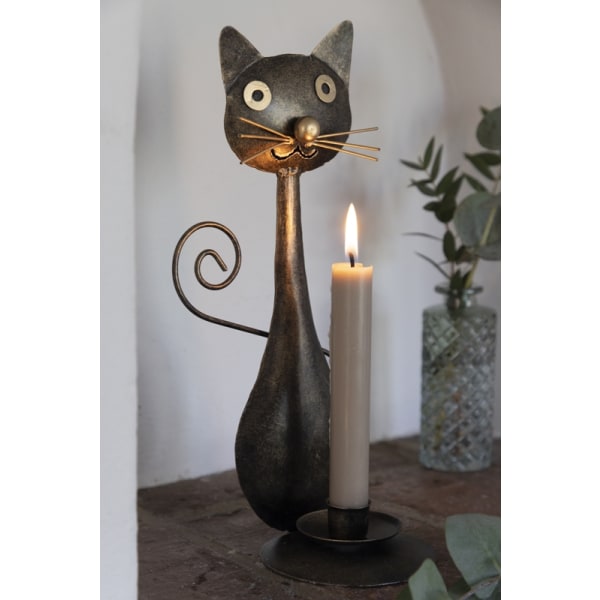 Katt med ljusstake hamrad plåt 30cm Antique brass