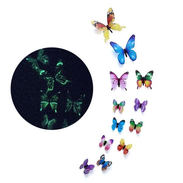 Veggdekor - 3D sommerfugler i fine farger Selvlysende 12 stk