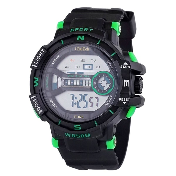 Hårdt solidt digitalt ur - Sort med grønne detaljer Svart