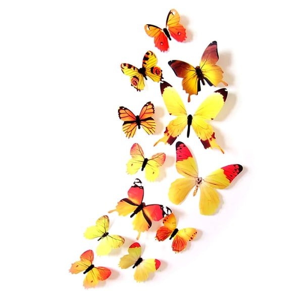 Veggdekorasjon - 3D sommerfugler i fine farger 12 stk - Velg farge Yellow
