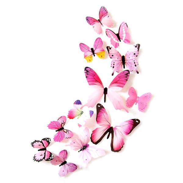 Veggdekorasjon - 3D sommerfugler i fine farger 12 stk - Velg farge Pink