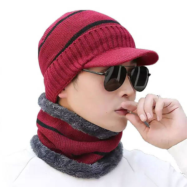 Varm lue / beanie med skjerm + skjerf - Velg farge Red