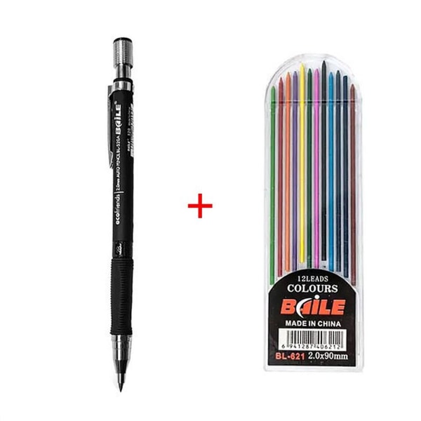 Mekanisk blyant 2 mm + 13 stifter i forskellige farver