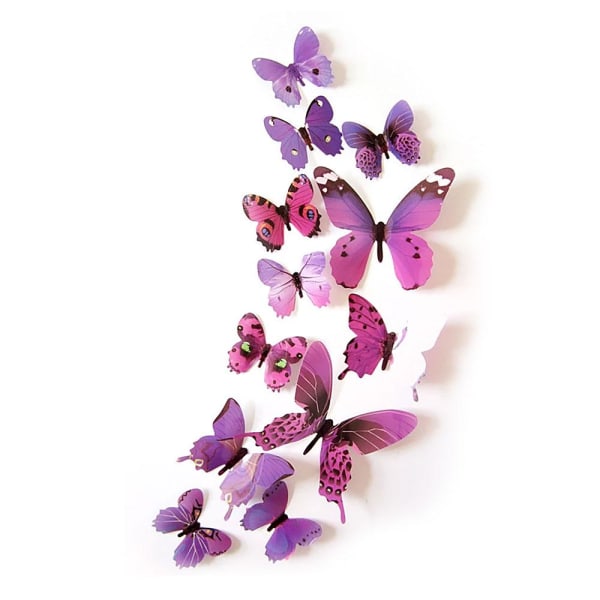 Veggdekorasjon - 3D sommerfugler i fine farger 12 stk - Velg farge Purple
