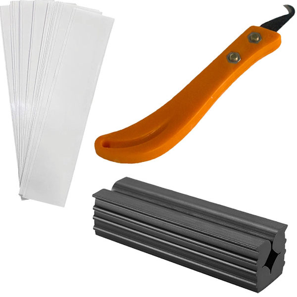 Sett med greptape, kniv og gummiklemme