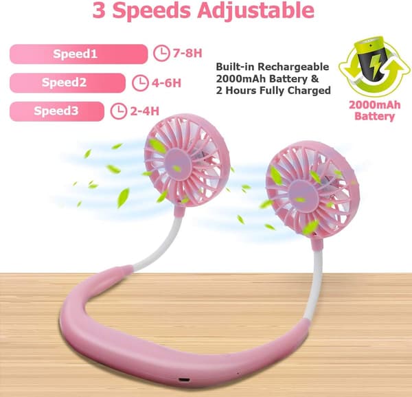 Halsventilator, Gsedaox, ABS, 3 hastighedstrin, LED, USB, Hvid/Pink