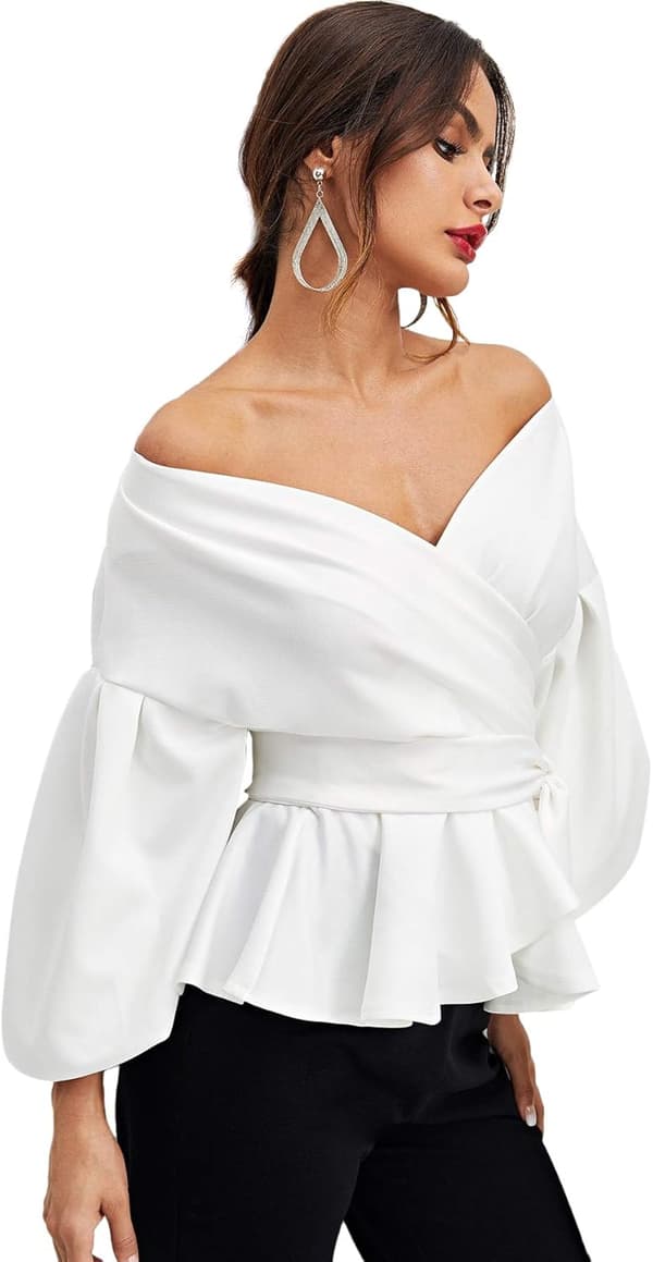 Langærmet V-hals flæsebluse til kvinder, Off Shoulder bindebånd i taljen, wrap-toppe, Small