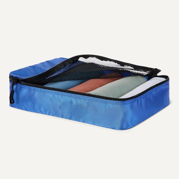 4-delt pakke-terningsæt til rejser, bagageorganisator med dobbelt lynlås, mesh-top, polyester, 2 mellem/2 store, blå (tidligere Amazon Basics)