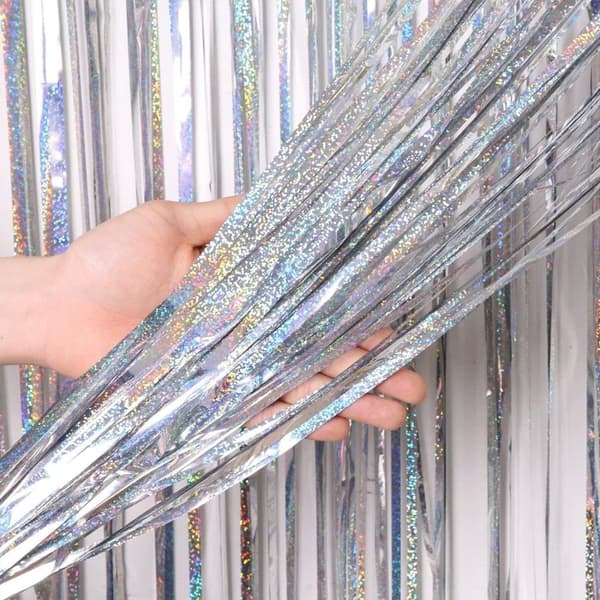 Lametta Gardin Silver, Glitter Metallic Foliefransar Bakgrund