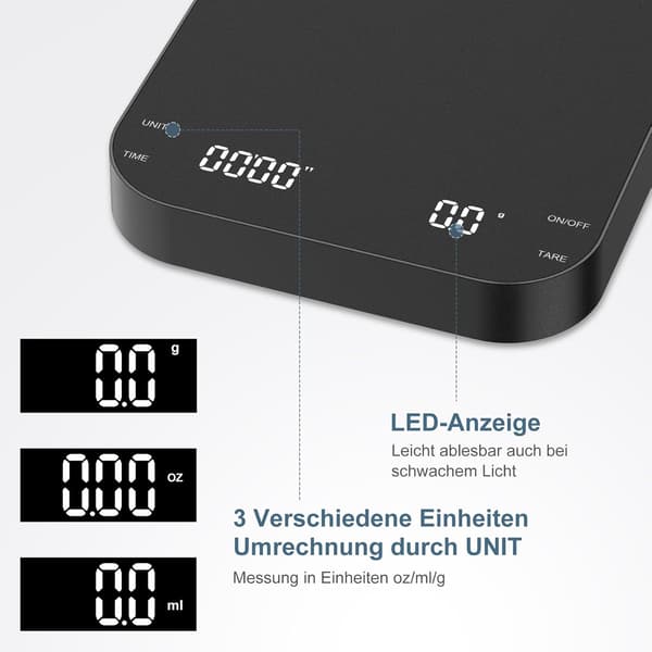 Digital kaffevægt med timer, espressoskala, 3 kg/0,1 g, nøjagtighed 3 enheder, USB genopladelig, multifunktionel