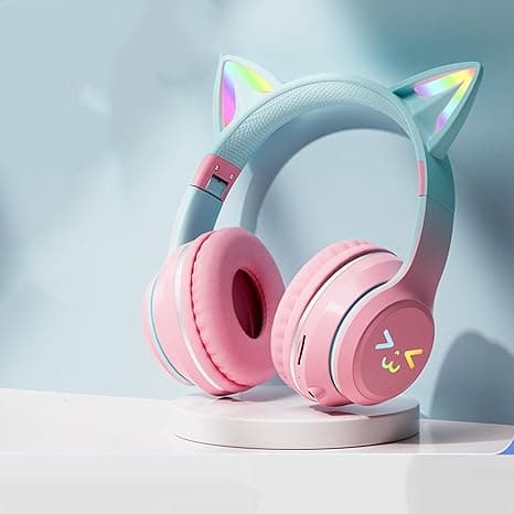 Søde foldbare Bluetooth 5.0 hovedtelefoner, farveåndende LED-lys trådløst headset til telefon, tablet, bærbar computer (pink)