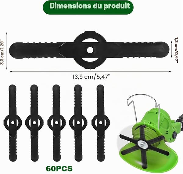 60 stk. 14 cm plasttrimmerblade, 5 mm hul, reservedele til plæneklipper til havebrug