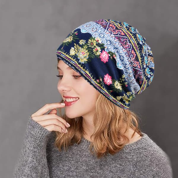 Dame Bomuld Elastisk Slasket Beanie Hue Blomster Hætte Tørklæde