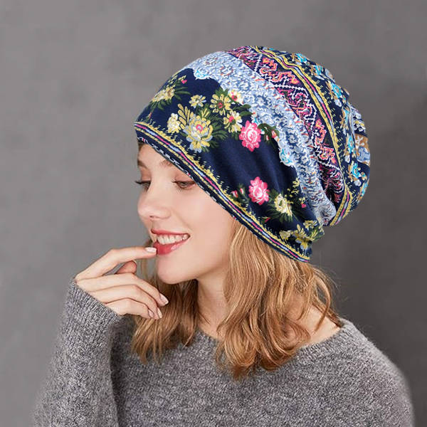 Damer Bomull Elastisk Slouchy Beanie Hatt Blomma Mössa Sjal