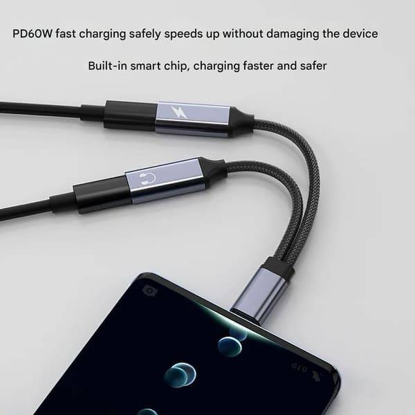 （Grå）60W PD Typ - C till Dubbel Typ - C Adapter med Digitalt Ljudstöd
