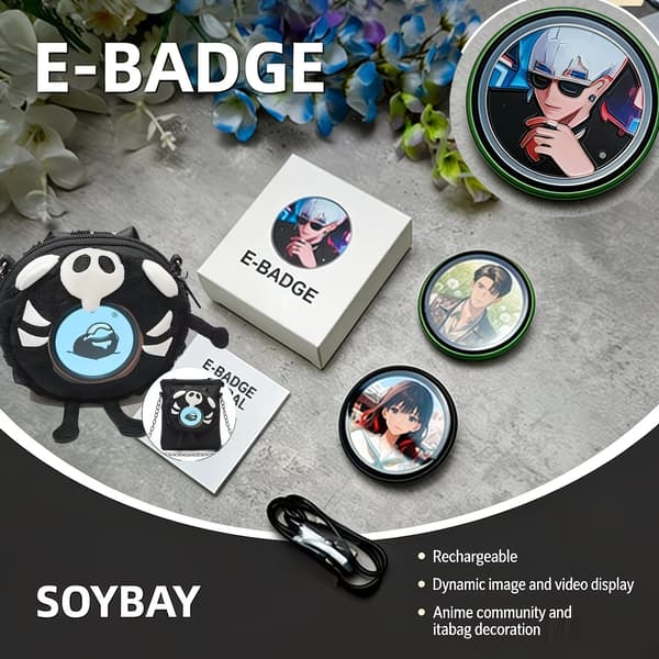 Rund E-märke bärbar digital displaybrosch, programmerbar GIF-video smart kavajnål för cosplayfestpresent