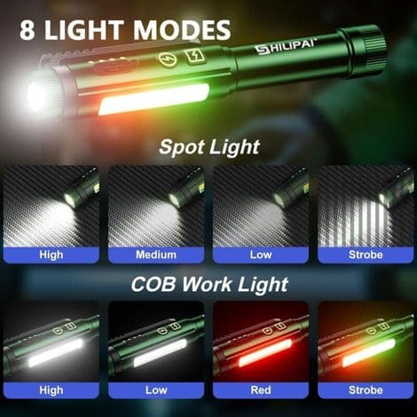 Oppladbar EDC Mini Lommelykt, Magnetisk og Klips, Vanntett, 600 Lumen, 8 Lysmoduser