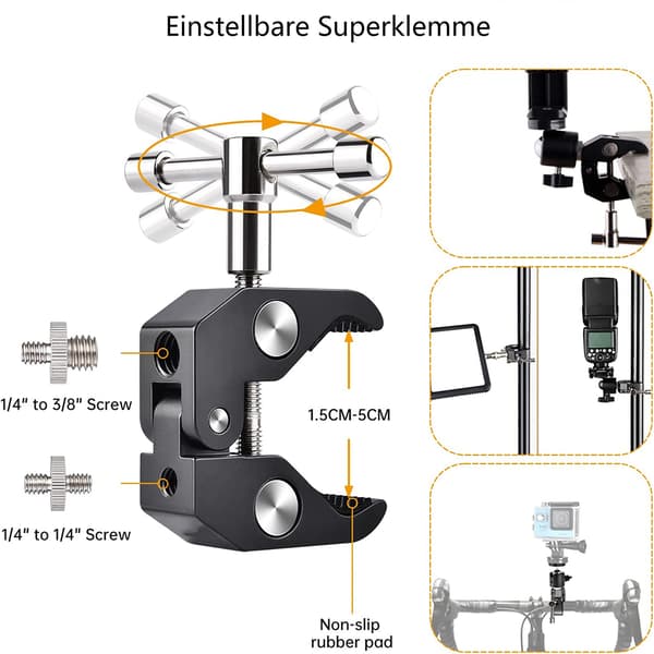 Superklemme Stativ Artikkelhode Kulehode Blitssko Stativhode med Gjengeadapter for Kameraer, Blitslys, Stativ, LCD/DV-skjerm, LED-lys
