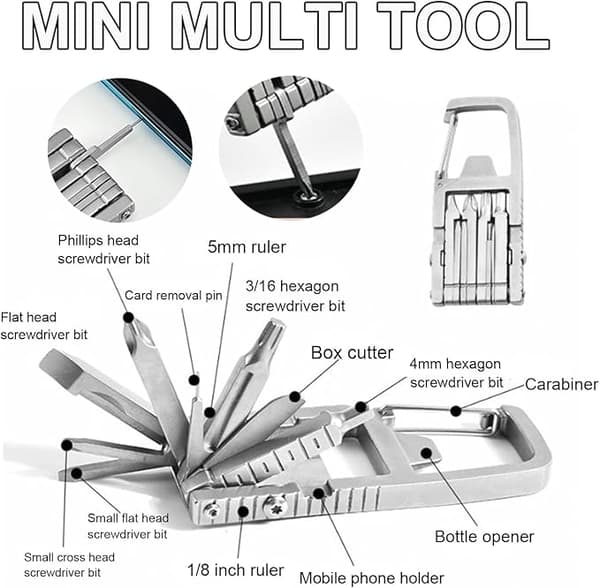 8-i-1 Multifunktionellt EDC Karbinverktyg, Bärbart Fällbart Skruvmejselset, Mini Utomhus Reparations Multiverktyg