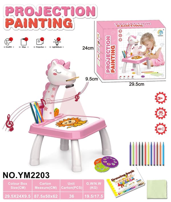 Enhörningsprojektor med penna, rosa