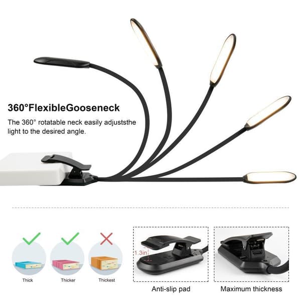 Boklampe med 3 lysfarger og dimmefunksjon / Oppladbar leselampe 1pc