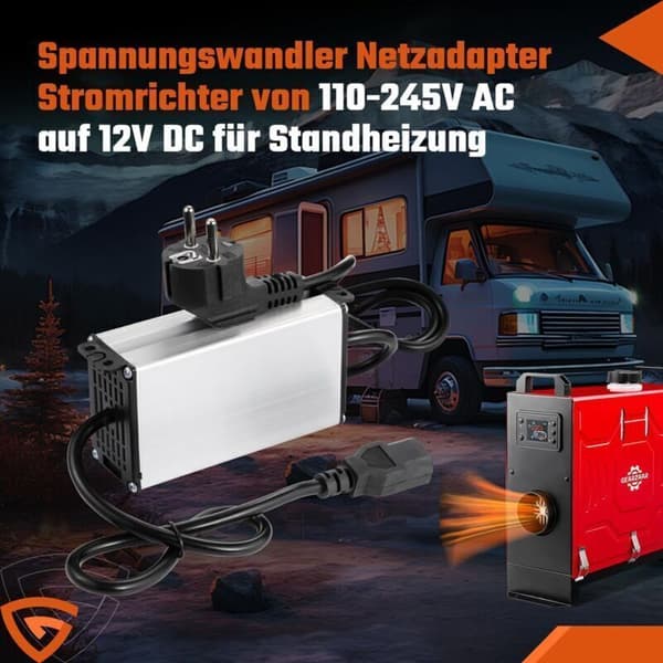 240V til 12V AC/DC strømadapter. Strømtransformator til 5-8kW dieseldrevne varmluftvarmere til campingvogne. Europæisk stik.