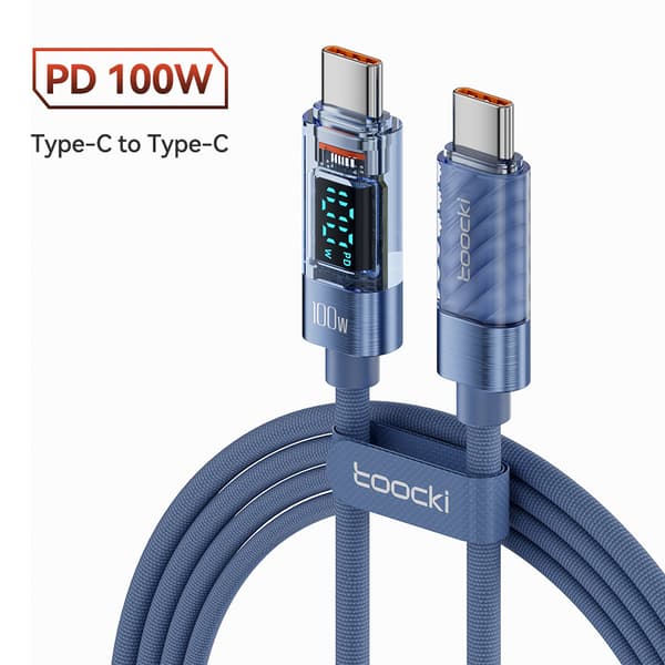 100W USB-C Datakabel, 2m Hurtig Opladningskabel med LED-Display, Blå