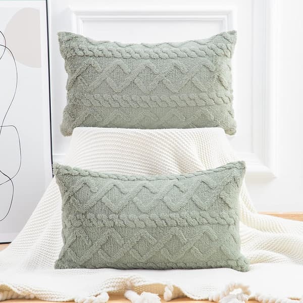 Sæt med 2 bløde korte uldfleece dekorative pudebetræk luksusstil pudebetræk til sofa til soveværelse grøn 30x50 cm rektangulær