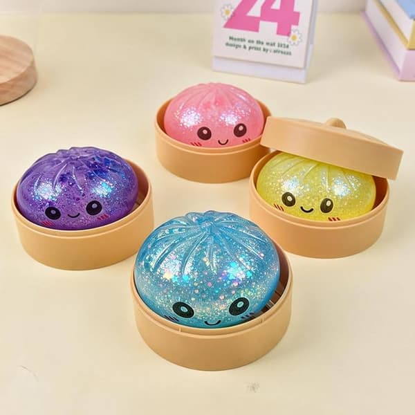 Glittriga Squishy Dumpling-leksaker med ångkorg, mjuk klämbar stresslindrande sensorisk leksak