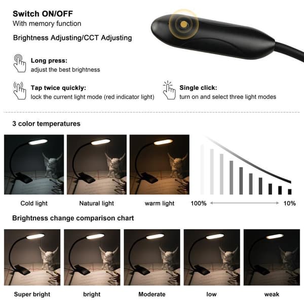 Boklampe med 3 lysfarger og dimmefunksjon / Oppladbar leselampe 1pc