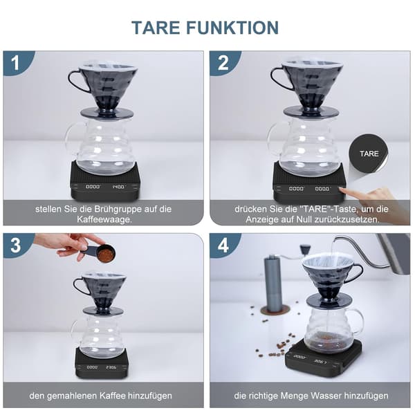 Digital kaffevægt med timer, espressoskala, 3 kg/0,1 g, nøjagtighed 3 enheder, USB genopladelig, multifunktionel