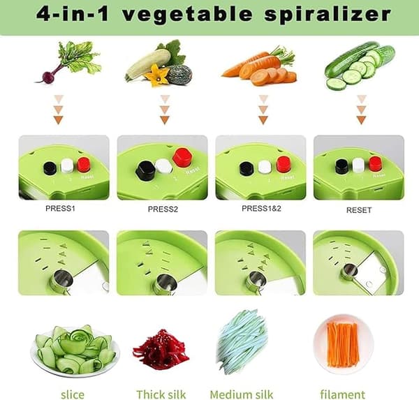 Bærbar Grøntsagsspiralizer — 4-i-1 Multifunktionel Manuel Spiralizer til Squash, Gulerødder, Grøntsagsnudler, Agurker og Mere
