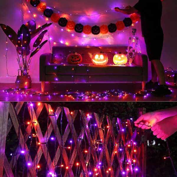 Batteridrevne orange lilla Halloween-lys, 20 meter 200 LED