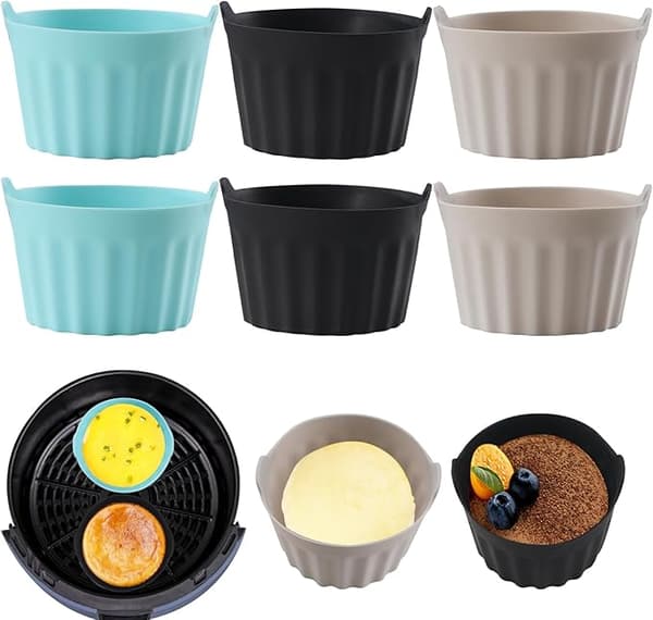 Sæt med 6 Airfryerforme – Oliefri Madlavning, Muffinsforme, Æggetærteforme, Airfryer Tilbehør, Bageudstyr – Sort + Grå + Blå
