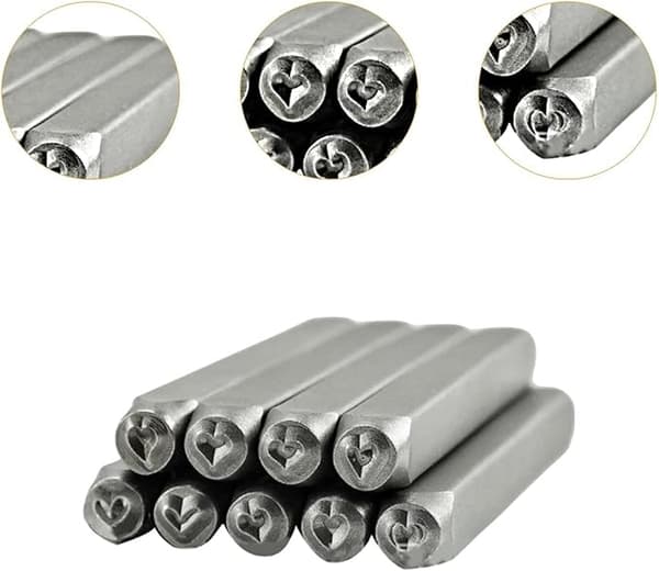 9 stk. hjerteformede metalstempler, stålstempler til smykkestempling