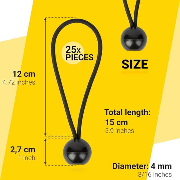 25 stk. 15 cm kugle-elastiksnore, elastiske bindestropper med kugleender, sorte, til campingbagage presenningsfastgørelse